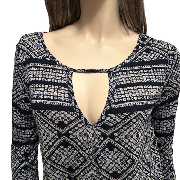 LUCKY BRAND Geometric Boho Blouse Top Shirt Plunge V-Neck Cutout Keyhole Rayon - Picture 5 of 16